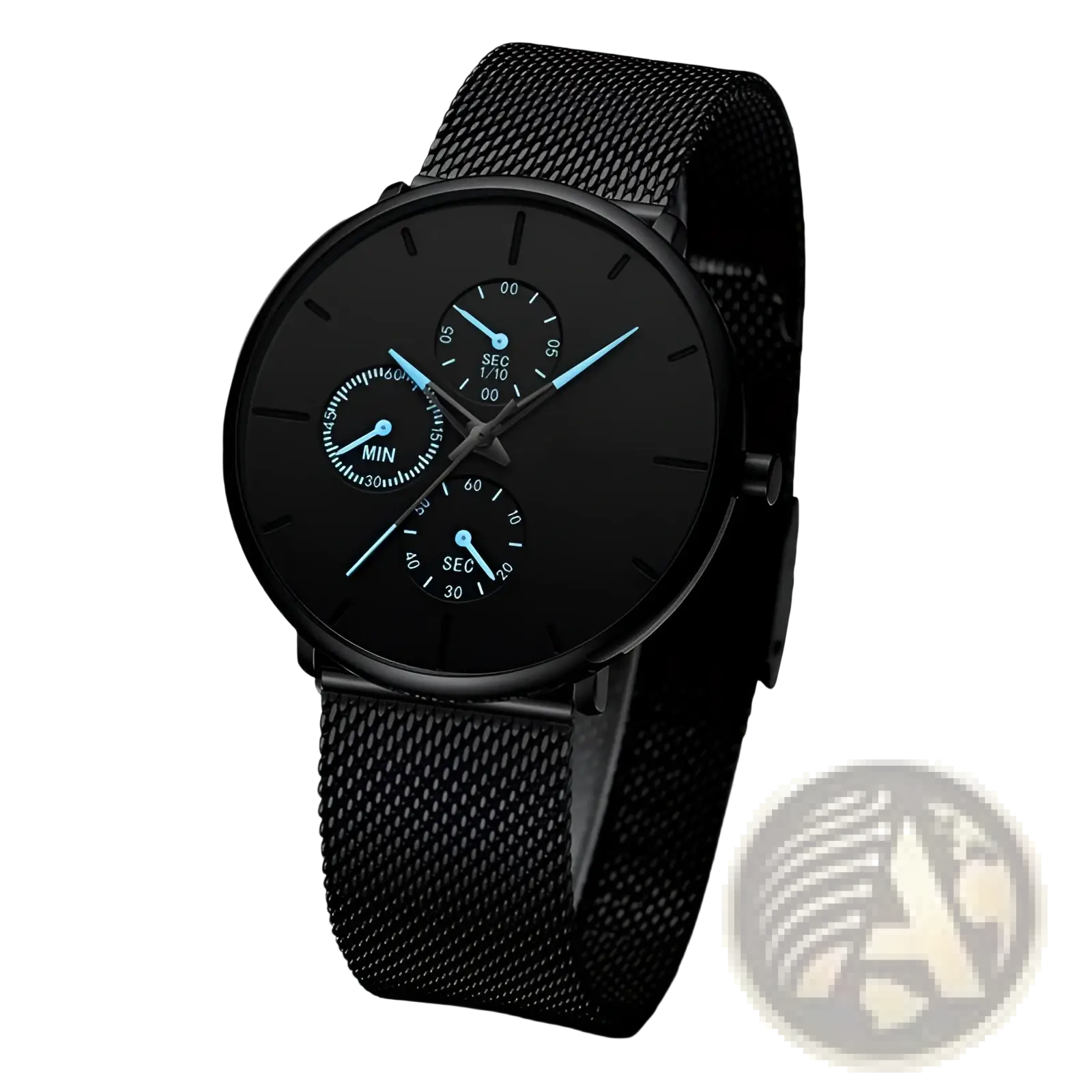 Ultra thin black mesh quartz watch men with sleek black dial vibrant blue hands and three subdials for timekeeping