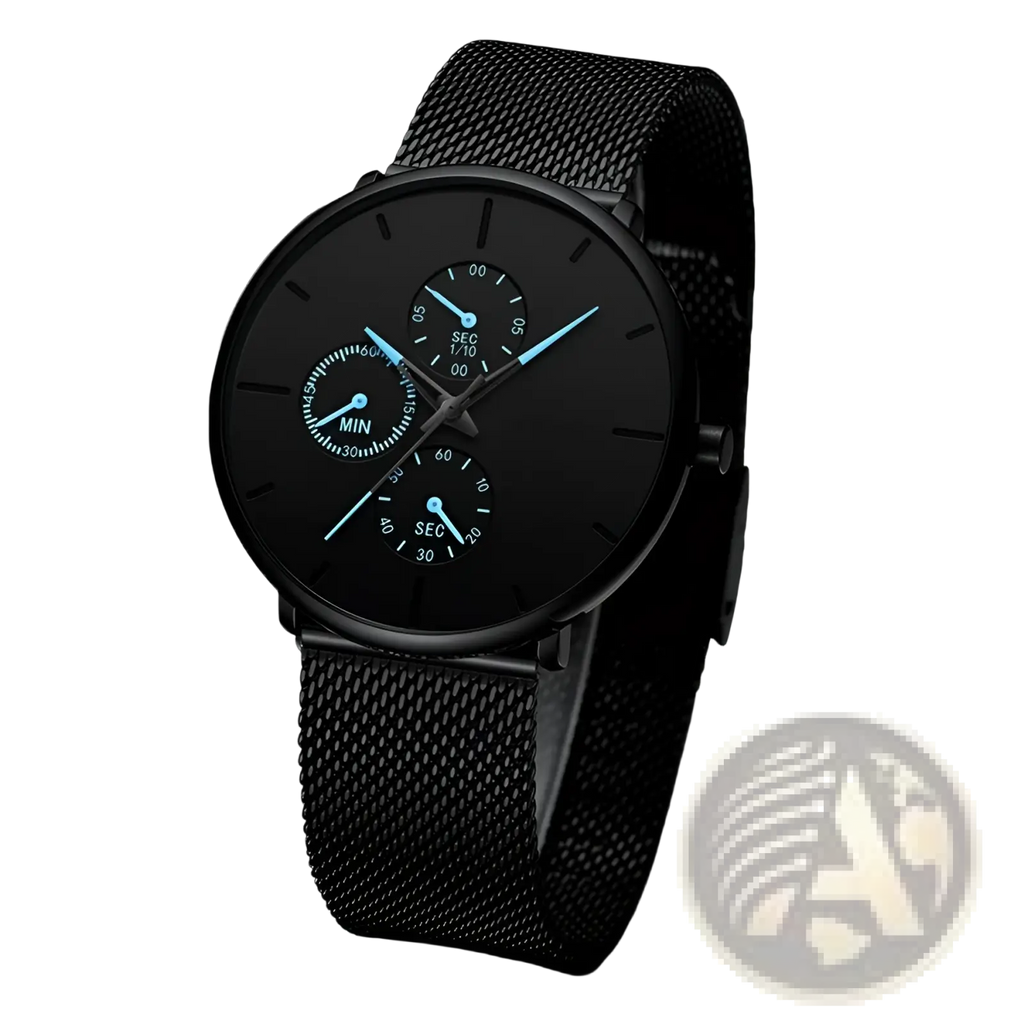 Ultra thin black mesh quartz watch for men with sleek black dial and three subdials featuring light blue hands