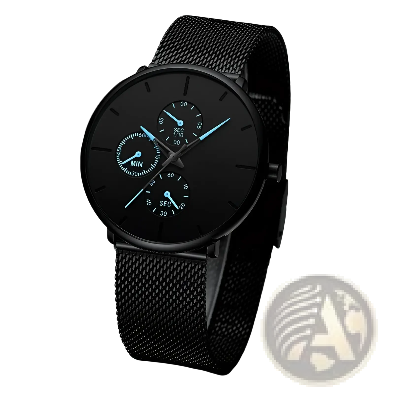 Ultra thin black mesh quartz watch for men with sleek black dial and three subdials featuring light blue hands