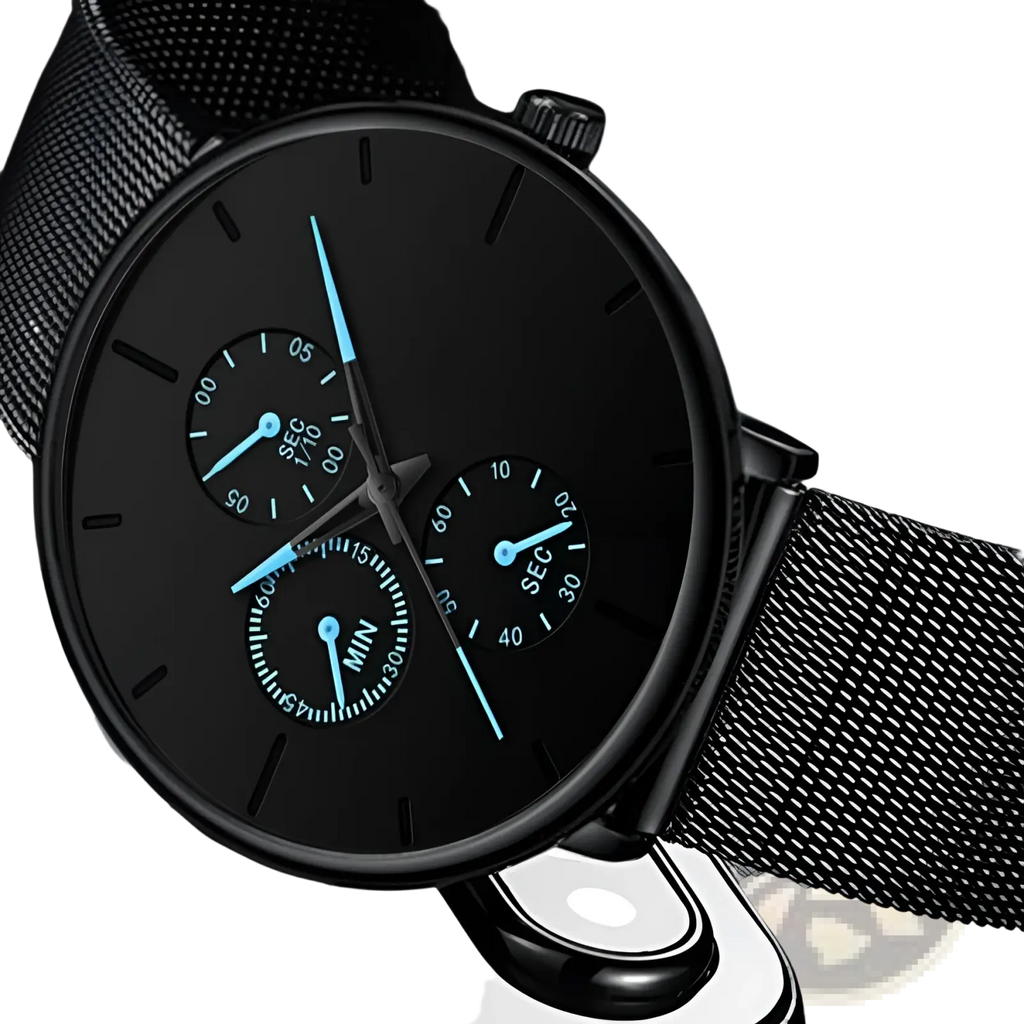 Ultra thin black mesh quartz watch men with mesh strap and three subdials featuring glowing blue hands