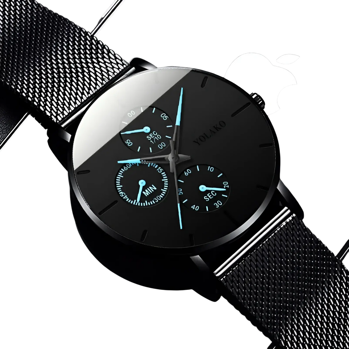 Black yolako ultra thin men’s quartz watch with mesh metal band and teal hands on black dial
