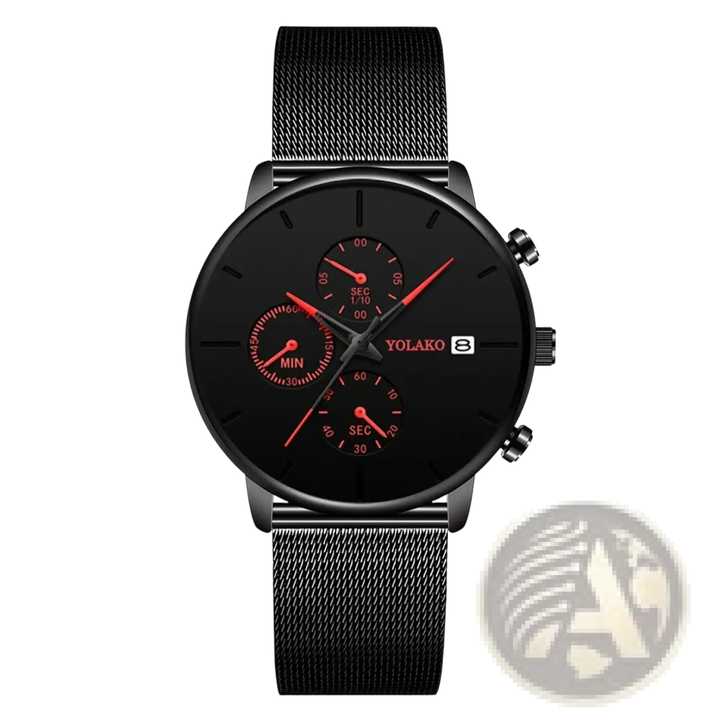 Black yolako chronograph ultra thin quartz watch with black mesh strap and red accents on the dial for men