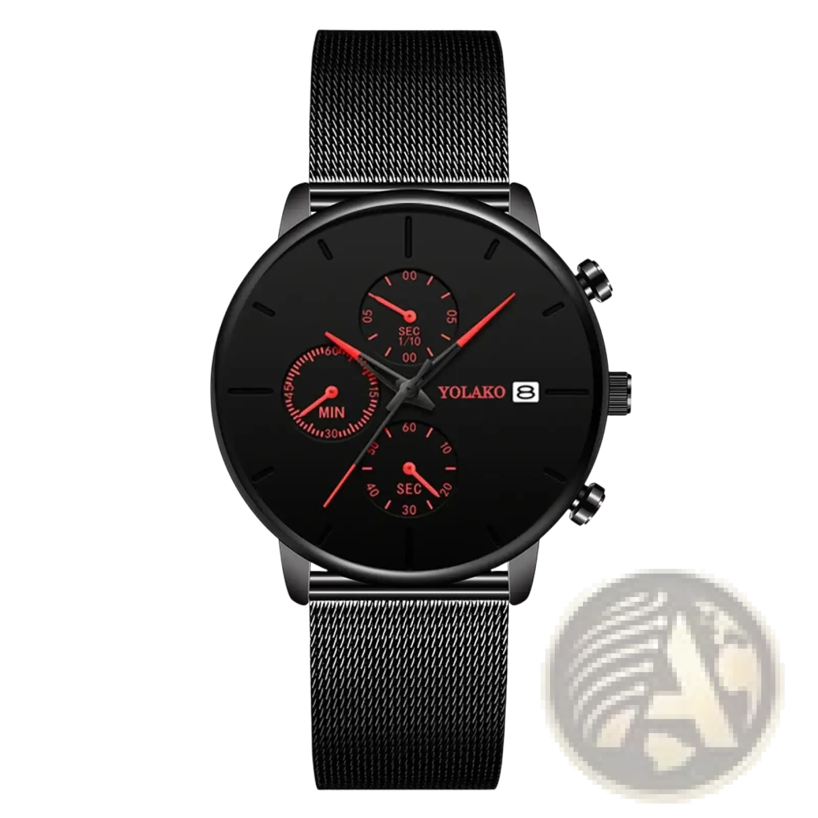 Black yolako chronograph ultra thin quartz watch with black mesh strap and red accents on the dial for men
