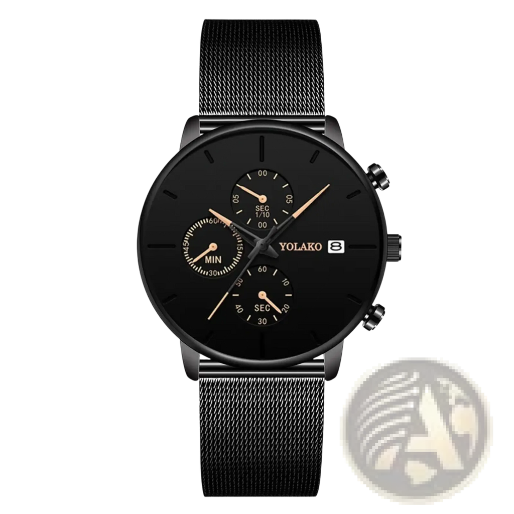 Black yolako chronograph ultra thin quartz watch for men with gold-tone hands and black mesh strap