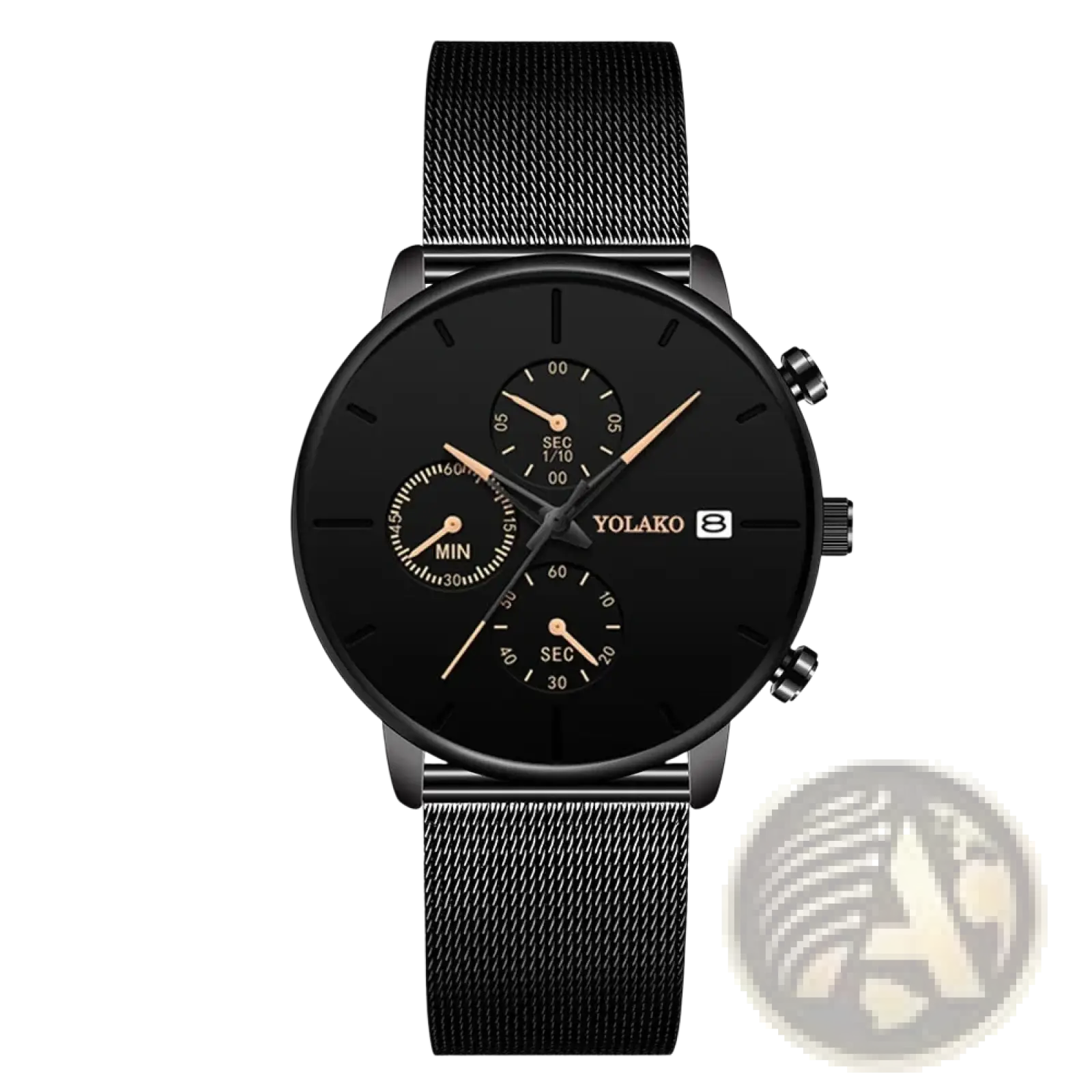 Black yolako chronograph ultra thin quartz watch for men with gold-tone hands and black mesh strap