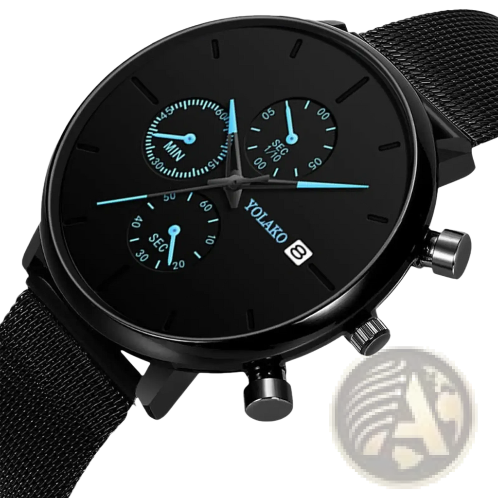 Ultra thin black yolako chronograph watch for men with blue-lit subdials and mesh strap in quartz movement