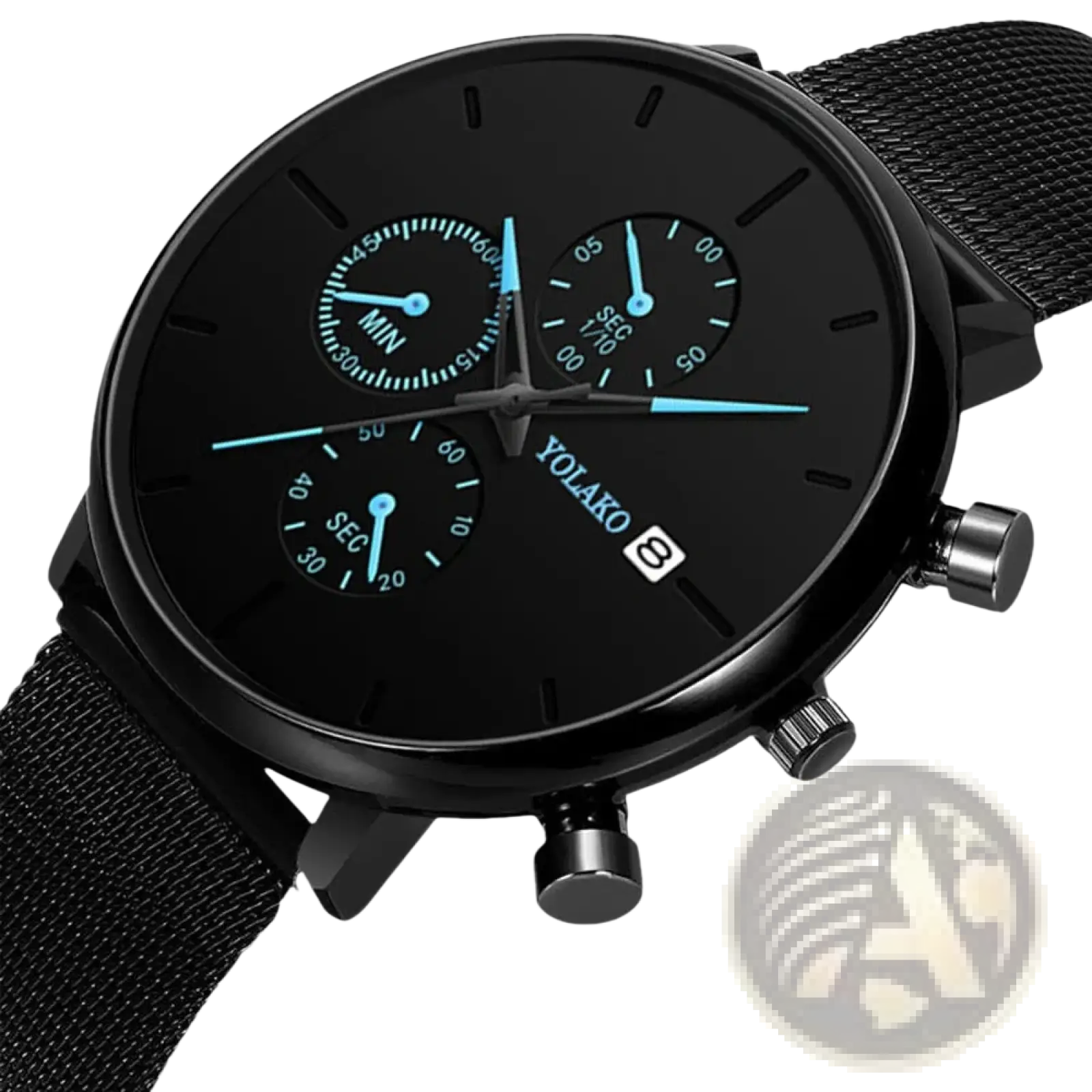 Ultra thin black yolako chronograph watch for men with blue-lit subdials and mesh strap in quartz movement