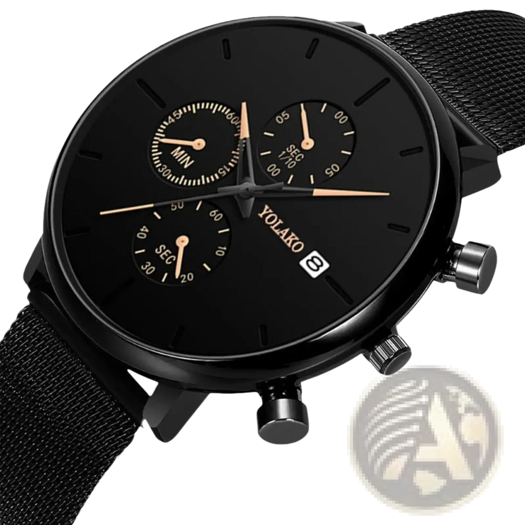 Ultra thin black yolako chronograph quartz watch with rose gold accents and black mesh strap for men