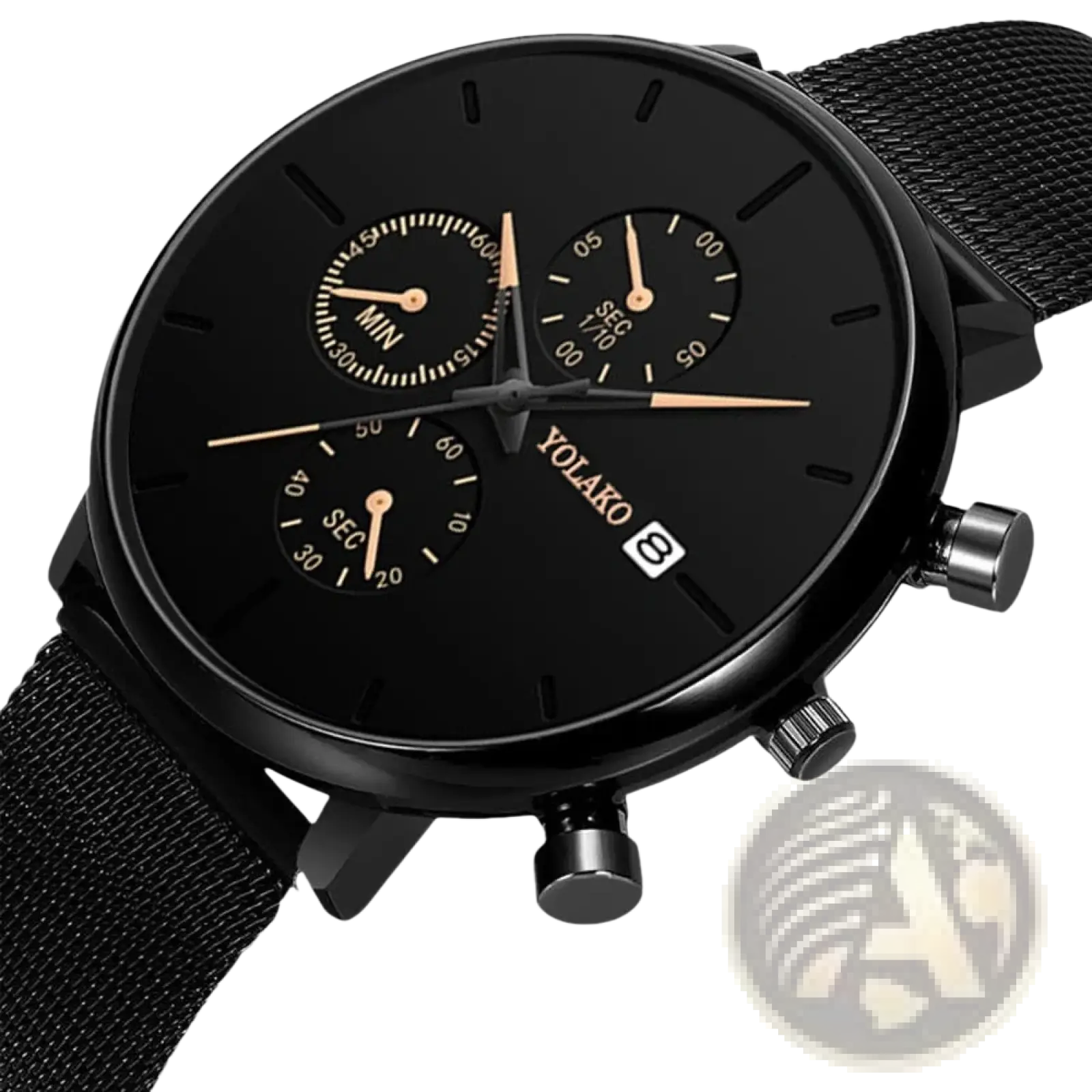 Ultra thin black yolako chronograph quartz watch with rose gold accents and black mesh strap for men