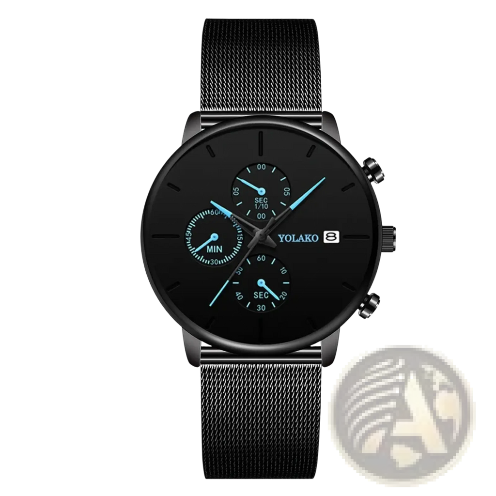 Ultra thin black yolako chronograph watch for men with blue dial accents and black mesh strap in quartz design