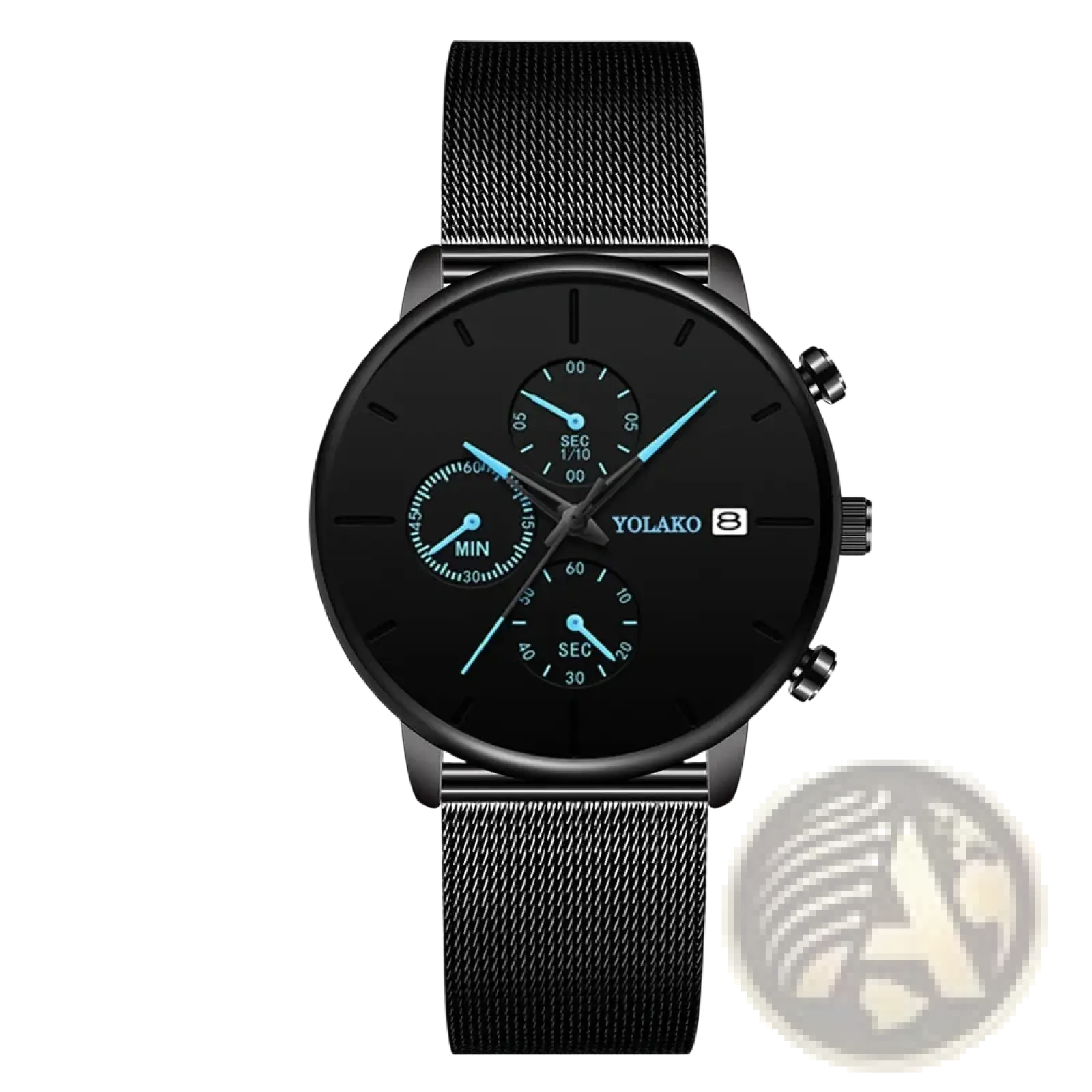 Ultra thin black yolako chronograph watch for men with blue dial accents and black mesh strap in quartz design