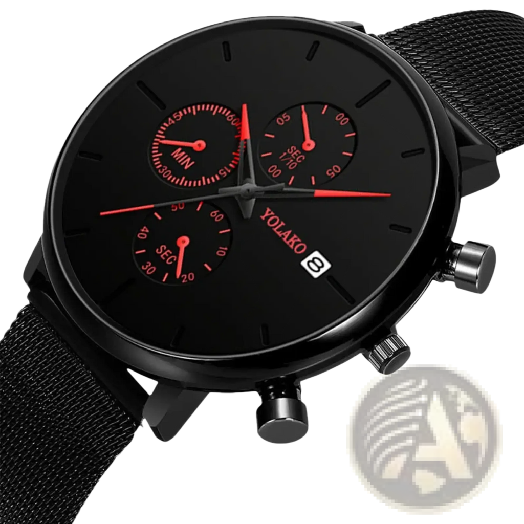 Ultra thin black mesh quartz chronograph watch for men with red accents and a black yolako dial and mesh strap
