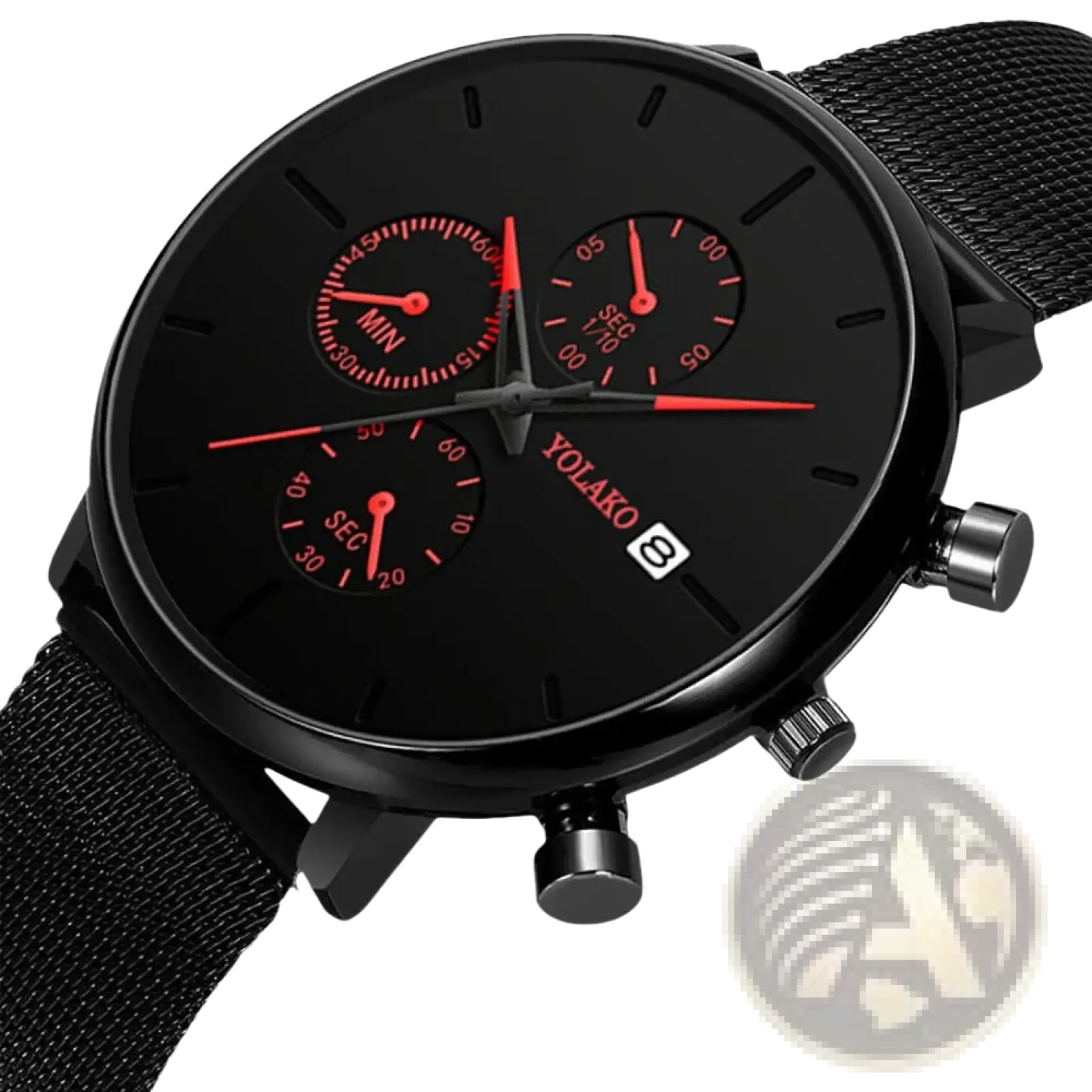 Ultra thin black mesh quartz chronograph watch for men with red accents and a black yolako dial and mesh strap