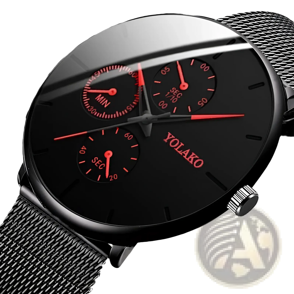 Ultra thin black mesh quartz watch men with black yolako chronograph dial red hands and subdials metal band