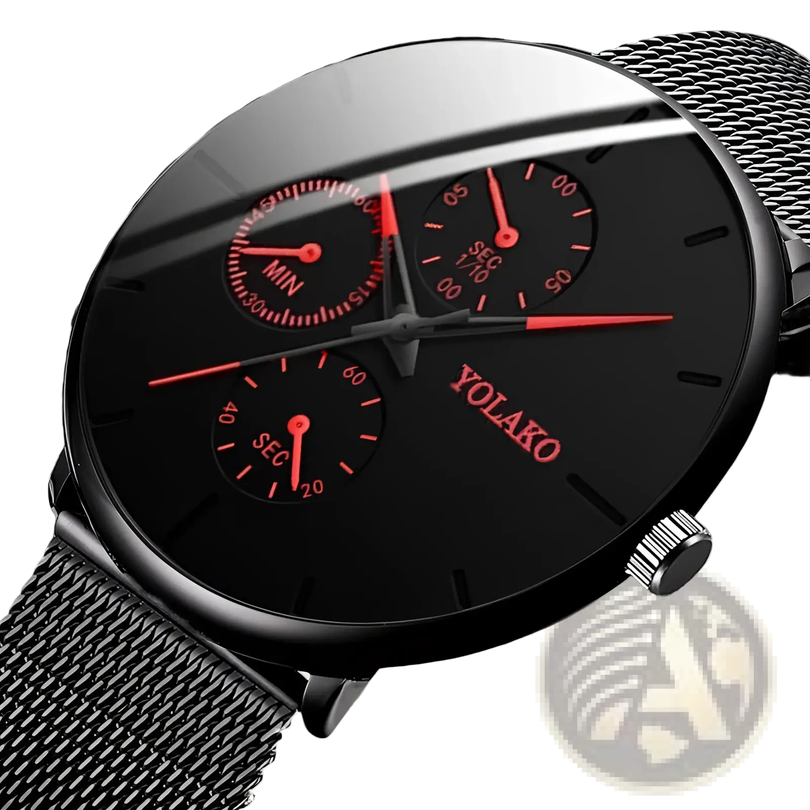 Ultra thin black mesh quartz watch men with black yolako chronograph dial red hands and subdials metal band