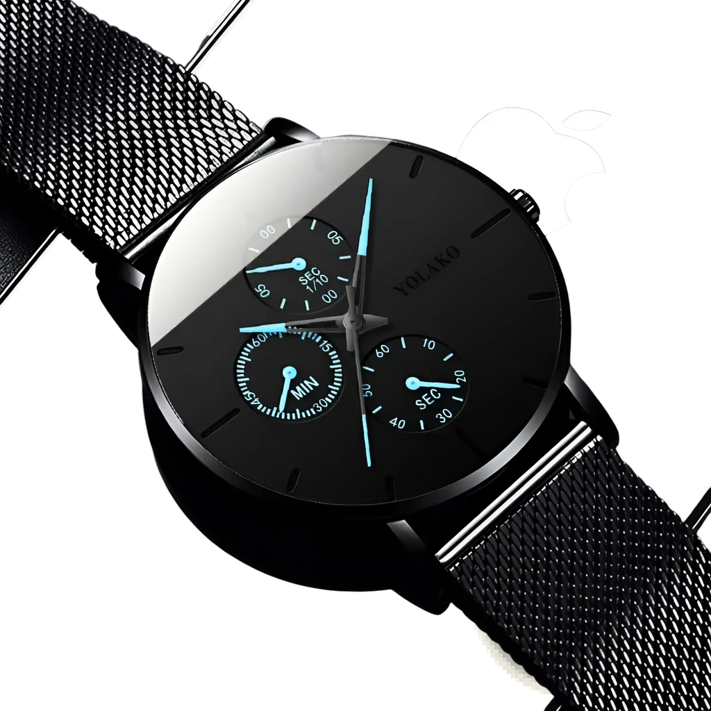 Black yolako ultra thin men’s quartz watch with mesh metal band and teal hands on black dial