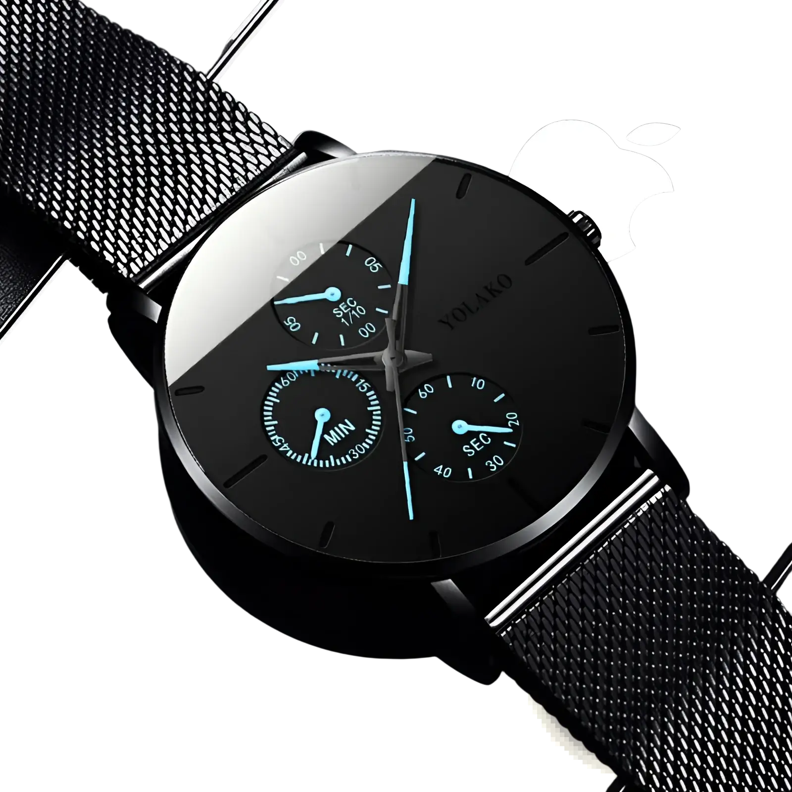 Black yolako ultra thin men’s quartz watch with mesh metal band and teal hands on black dial