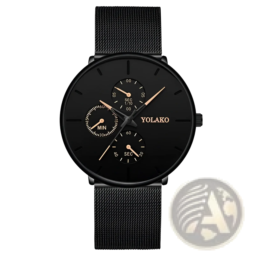 Black yolako ultra thin men’s quartz watch with black mesh strap and rose gold hands on black dial with three subdials