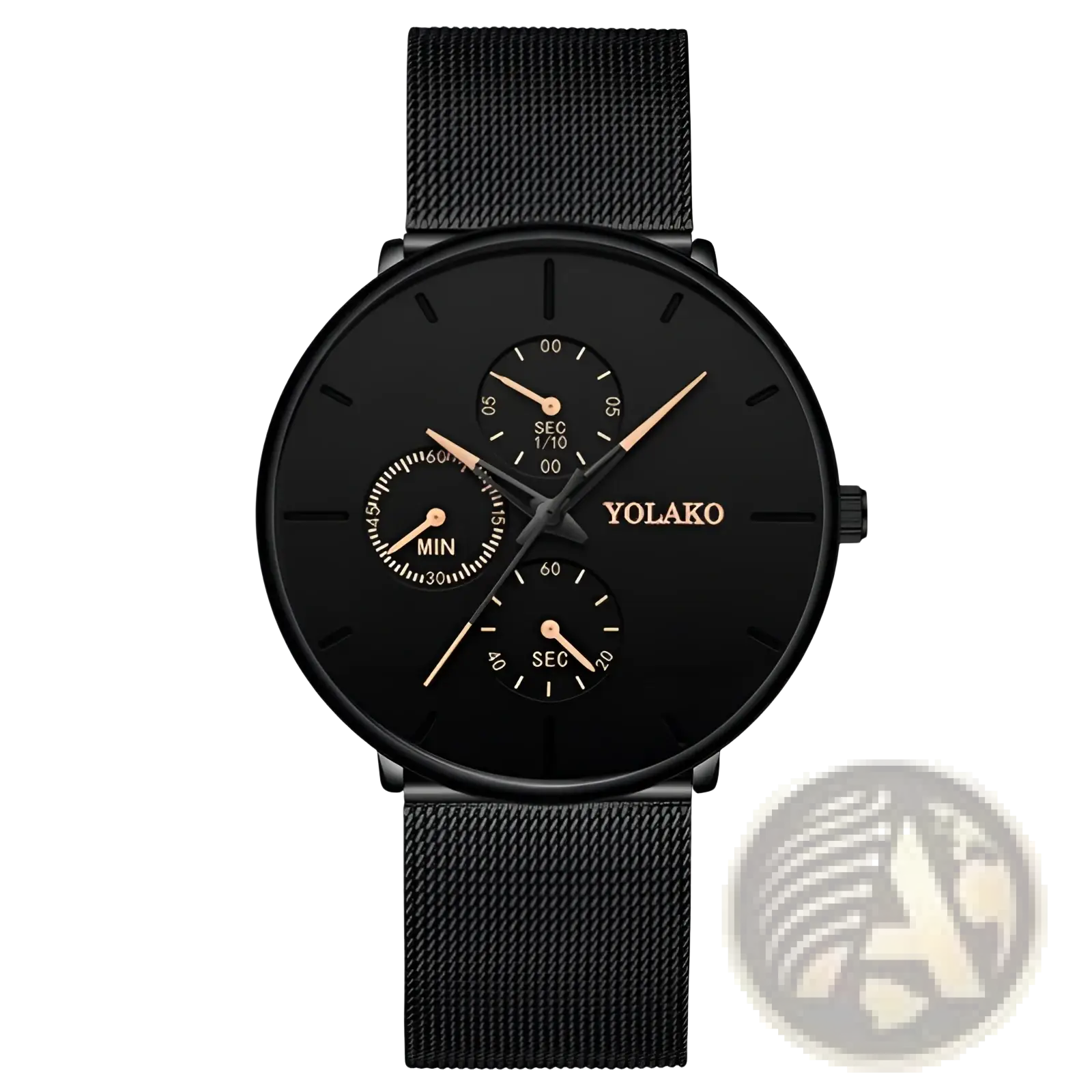 Black yolako ultra thin men’s quartz watch with black mesh strap and rose gold hands on black dial with three subdials