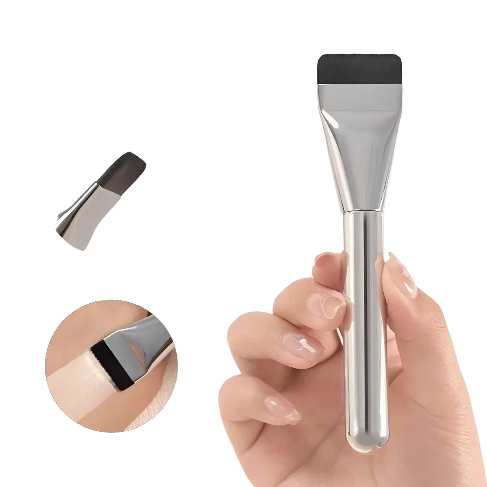Silver-toned metal ultra thin foundation brush with a flat black silicone head for traceless makeup application