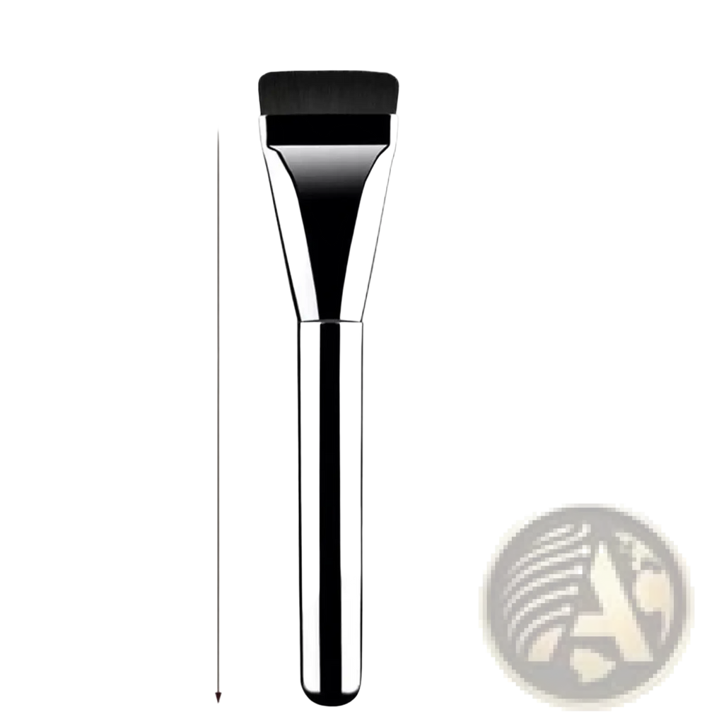Ultra thin foundation brush flat traceless makeup tool with polished chrome handle and black bristles 135mm long