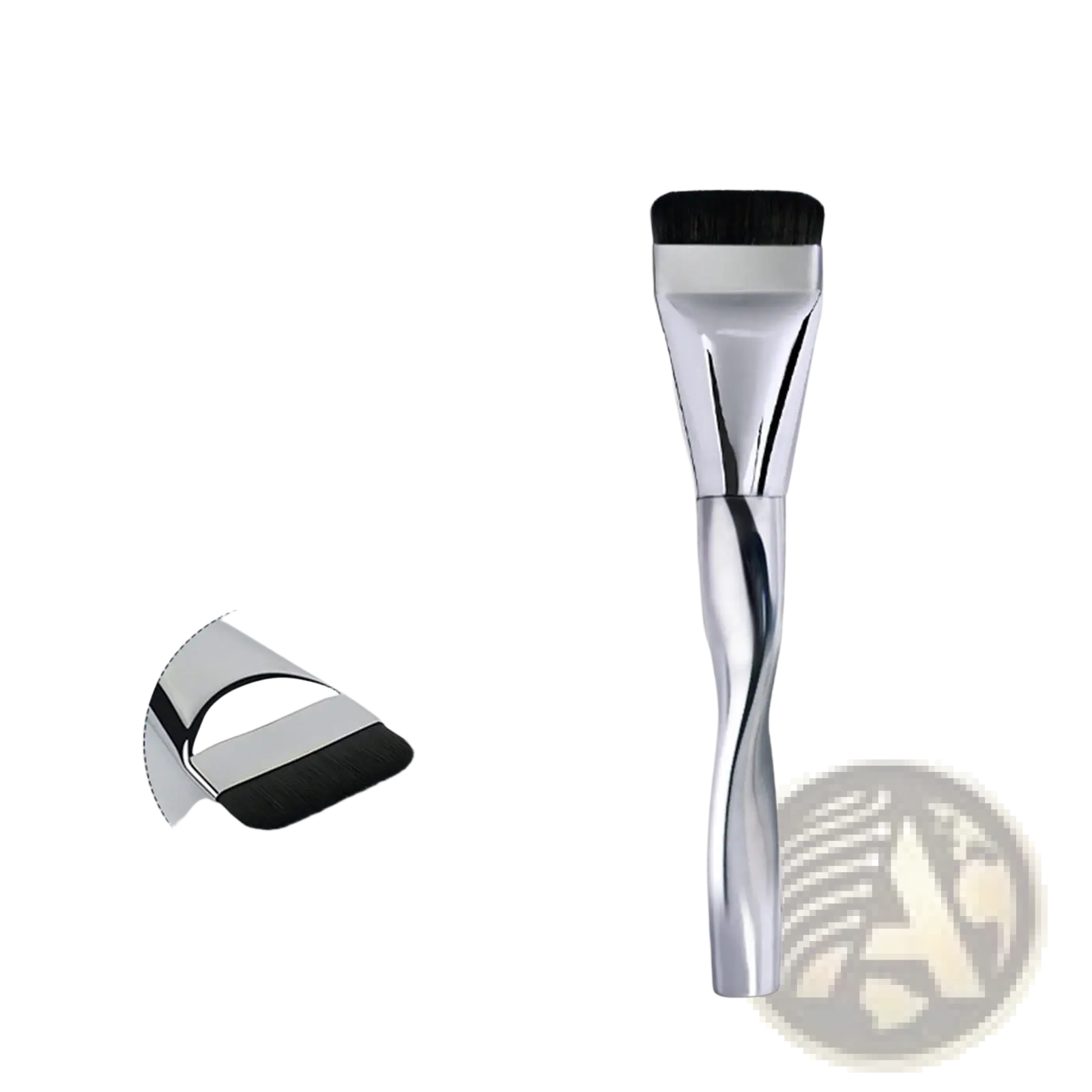 A sleek silver-toned ultra thin foundation brush with twisted metallic handle and dense black bristles for traceless makeup