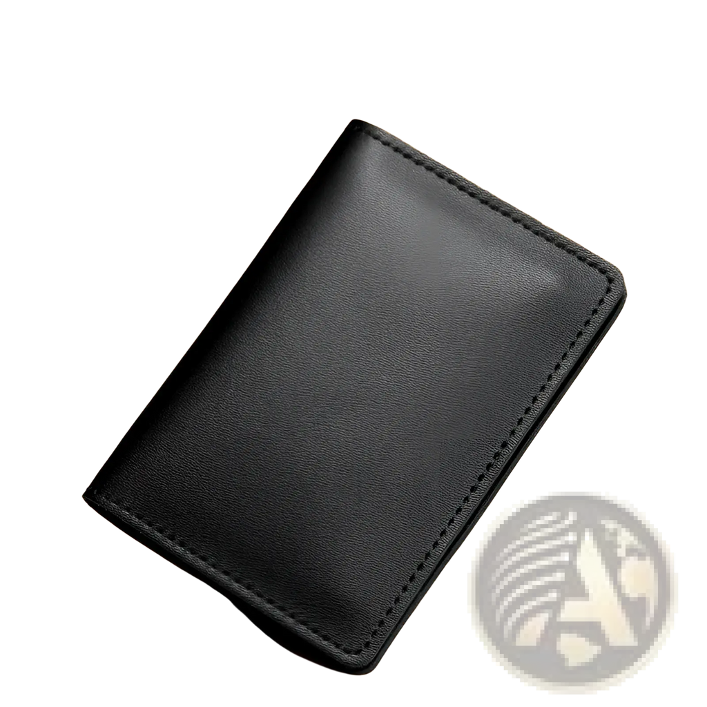 Black ultra thin genuine leather cowhide card holder wallet with neat stitching along the edges