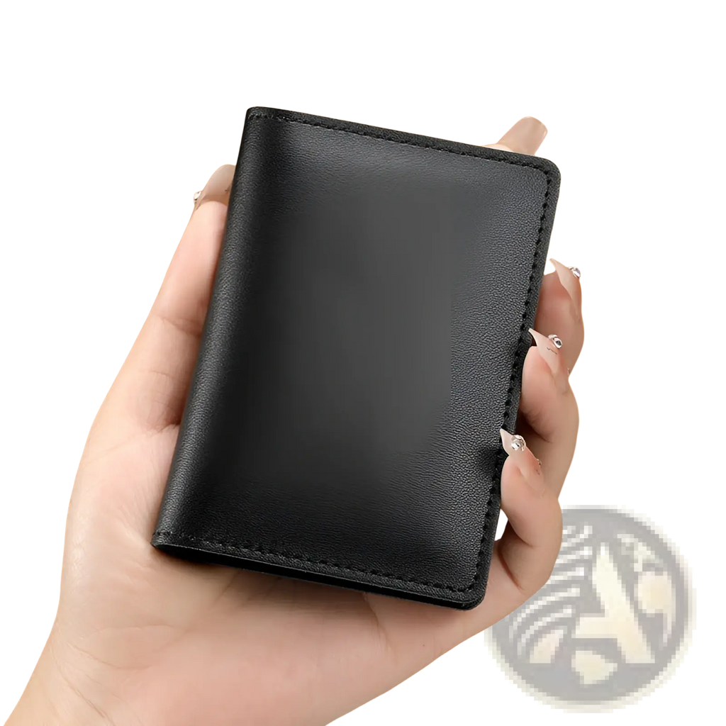 Black ultra thin genuine leather cowhide card holder wallet with neat stitching along the edges