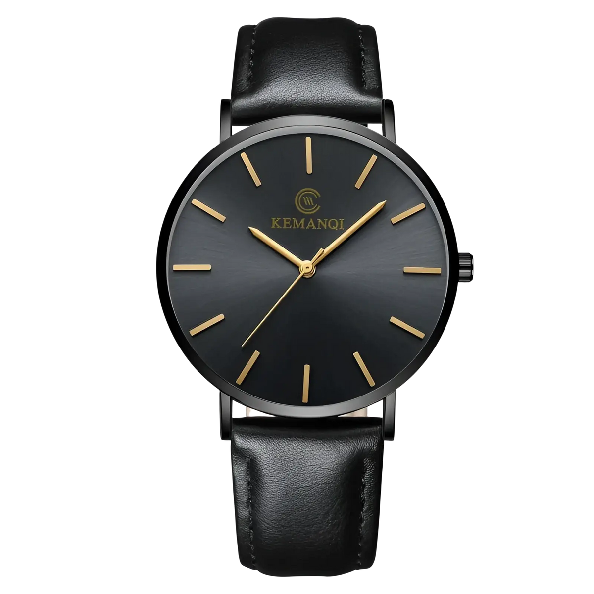 Ultra thin gold mens leather quartz watch with black kemanqi dial gold-tone markers and black leather strap