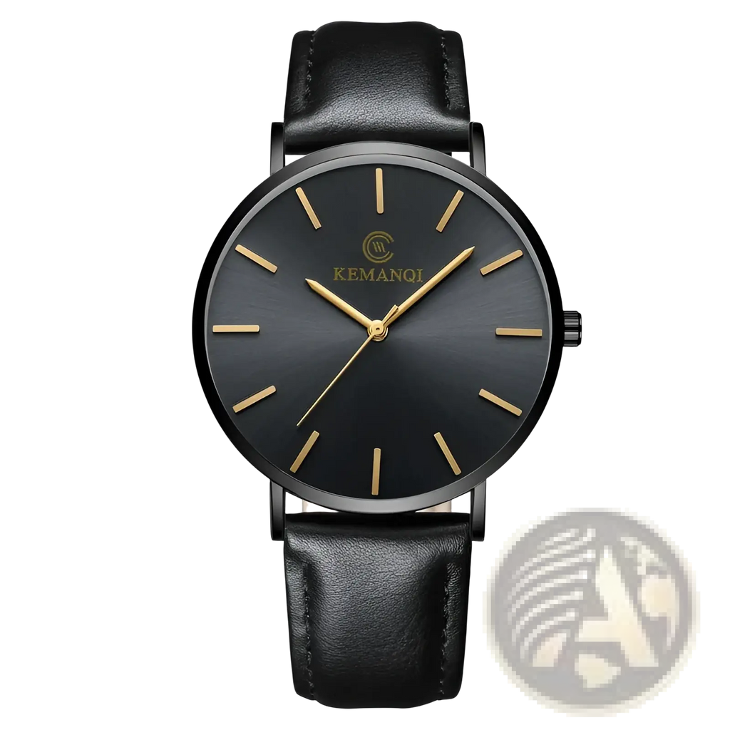 Ultra thin gold mens leather quartz watch with black kemanqi dial gold-tone markers and black leather strap