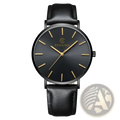 Ultra thin gold mens leather quartz watch with black kemanqi dial gold-tone markers and black leather strap