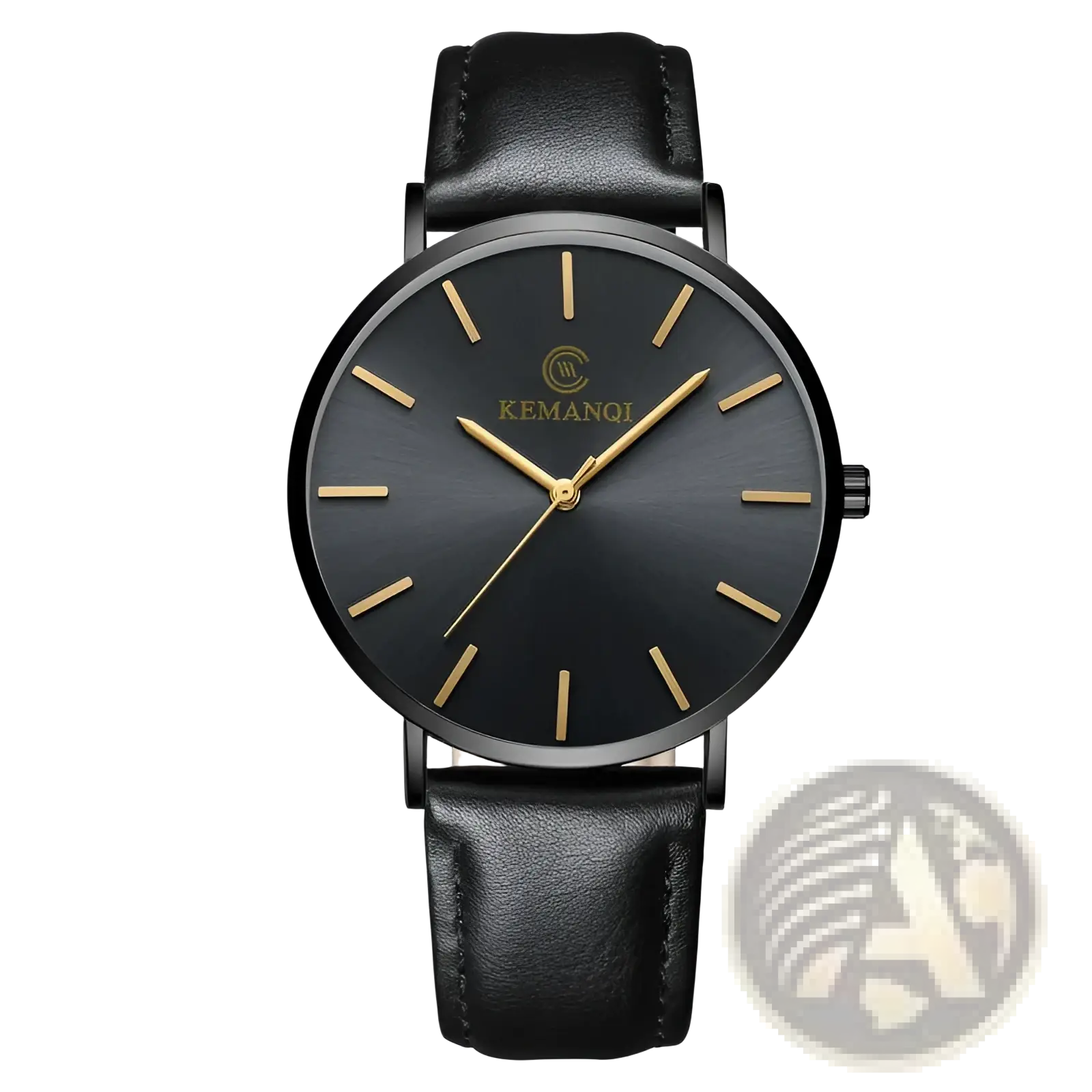 Ultra thin gold mens leather quartz watch with black kemanqi dial gold-tone markers and black leather strap