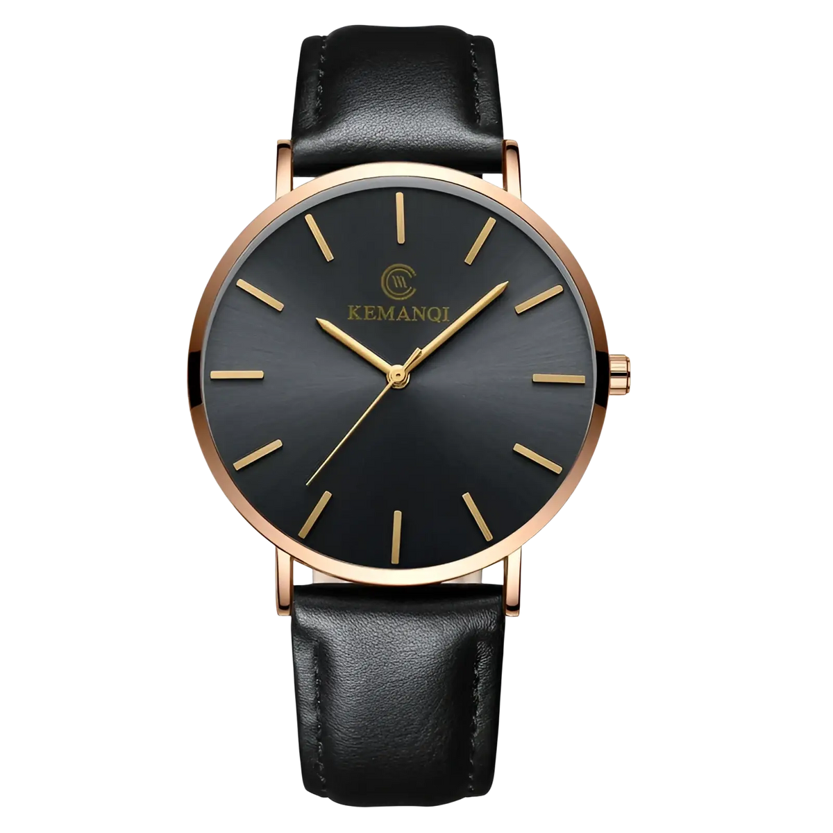 Ultra thin gold mens leather quartz watch with black leather strap rose gold-tone case and kemanqi logo on dark dial