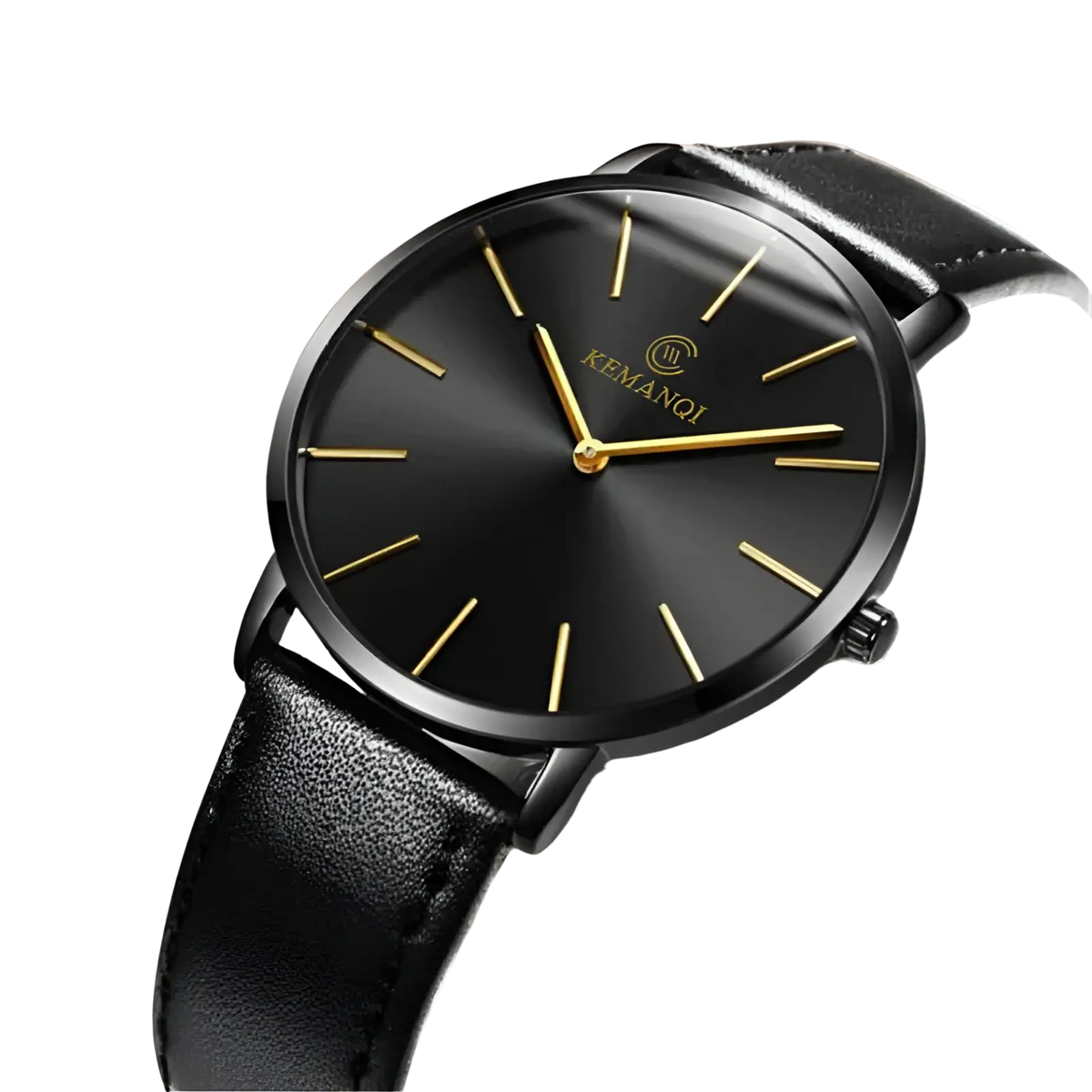 Ultra thin gold mens leather quartz watch with black leather strap black dial and gold tone hands and kemanqi logo