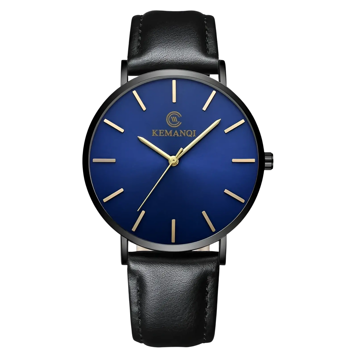 Ultra thin gold mens leather quartz watch with black leather strap and deep blue dial with gold-tone hands and markers