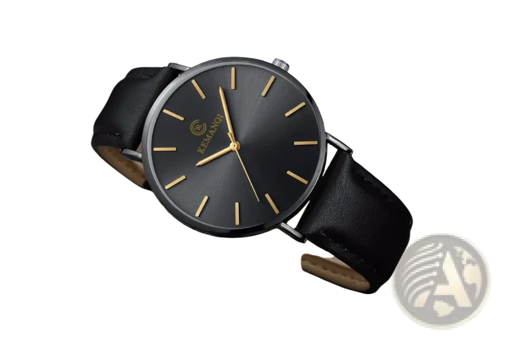 Ultra thin gold mens leather quartz watch with black leather strap and sleek black dial with gold-tone markers and hands