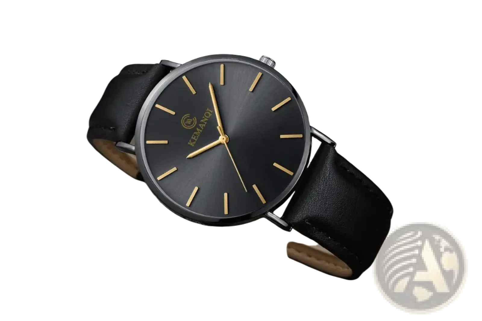 Ultra thin gold mens leather quartz watch with black leather strap and sleek black dial with gold-tone markers and hands