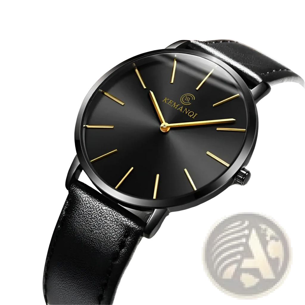 Ultra thin gold mens leather quartz watch with black leather strap black dial and gold tone hands and kemanqi logo