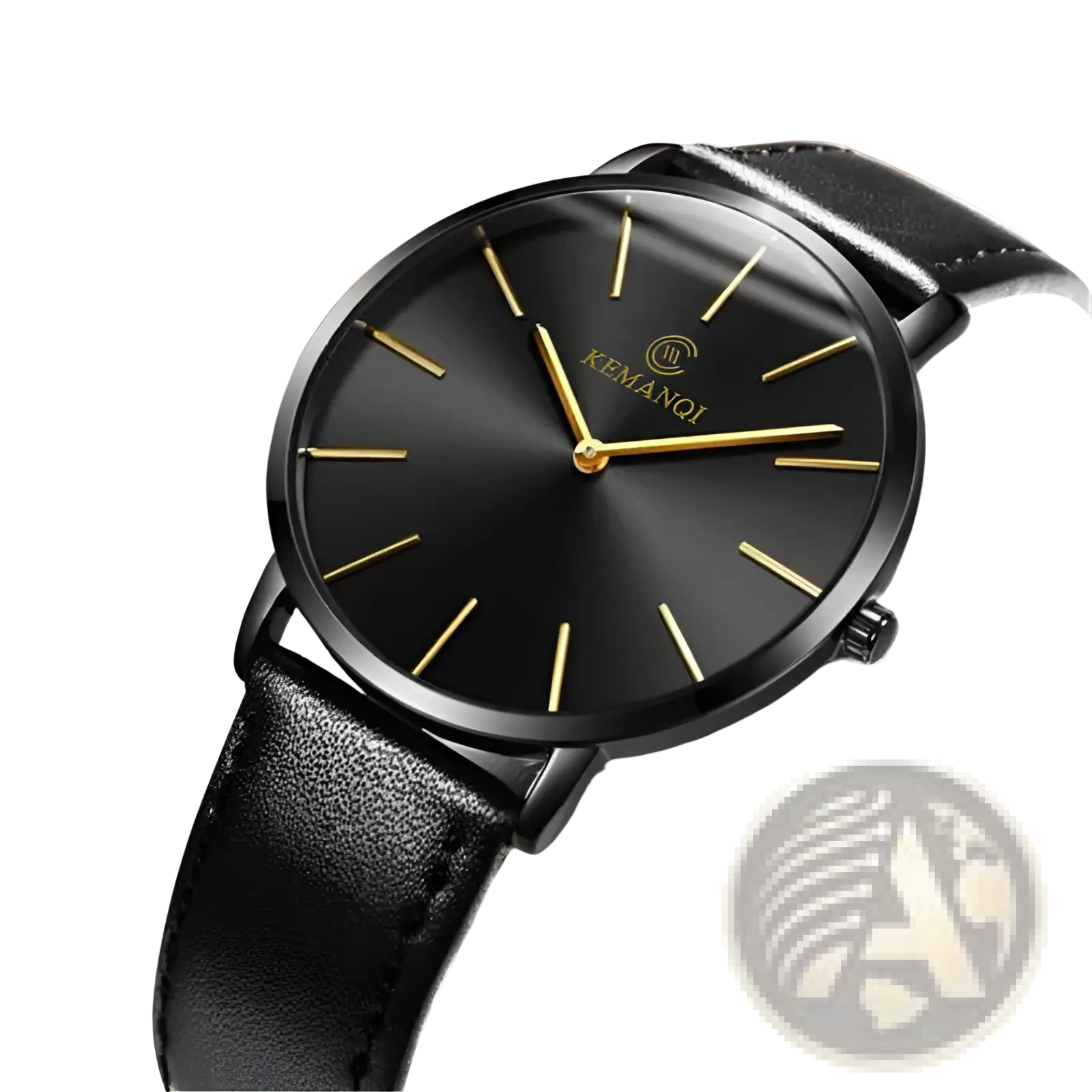 Ultra thin gold mens leather quartz watch with black leather strap black dial and gold tone hands and kemanqi logo