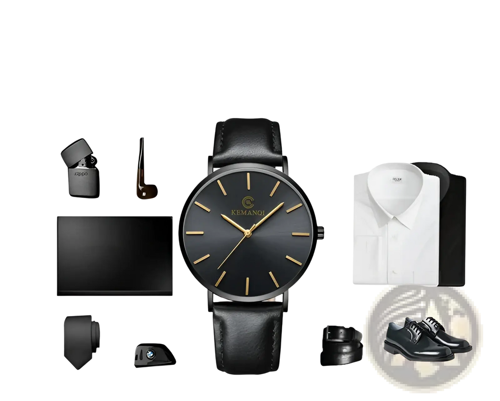 Ultra thin gold mens leather quartz watch with black leather strap and gold-tone hands and hour markers on black dial