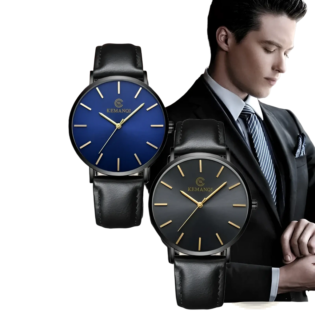Ultra thin gold mens leather quartz watch with black leather strap and blue and black dials with gold hour markers