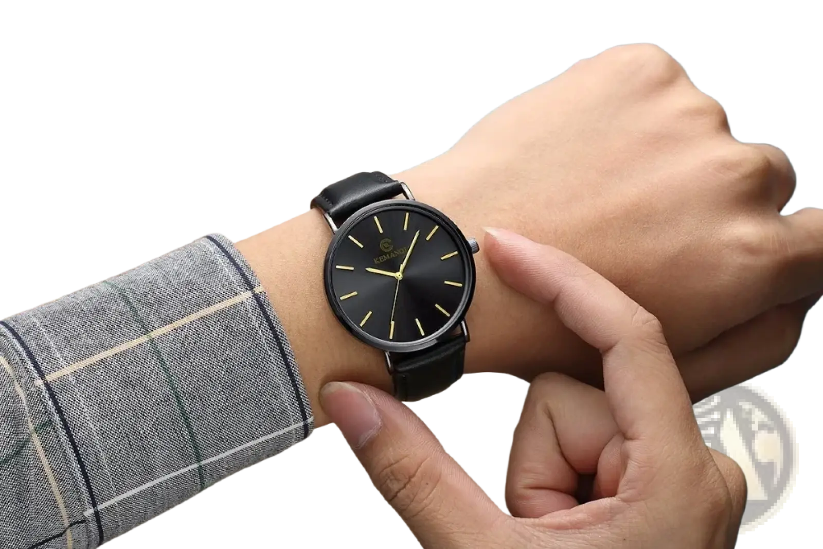 Ultra thin gold mens leather quartz watch with black leather strap sleek black dial gold hands and hour markers