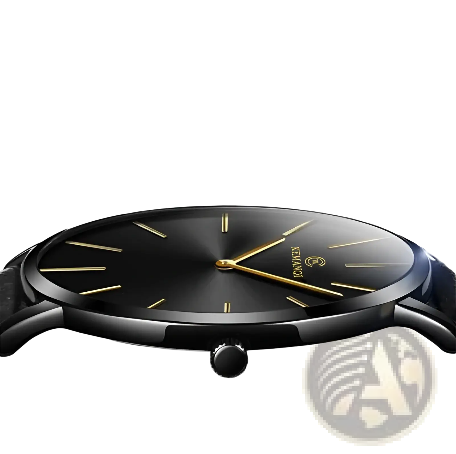 Black ultrathin mens leather quartz watch with 6.5mm case and gold-tone hands and hour markers in minimalist design