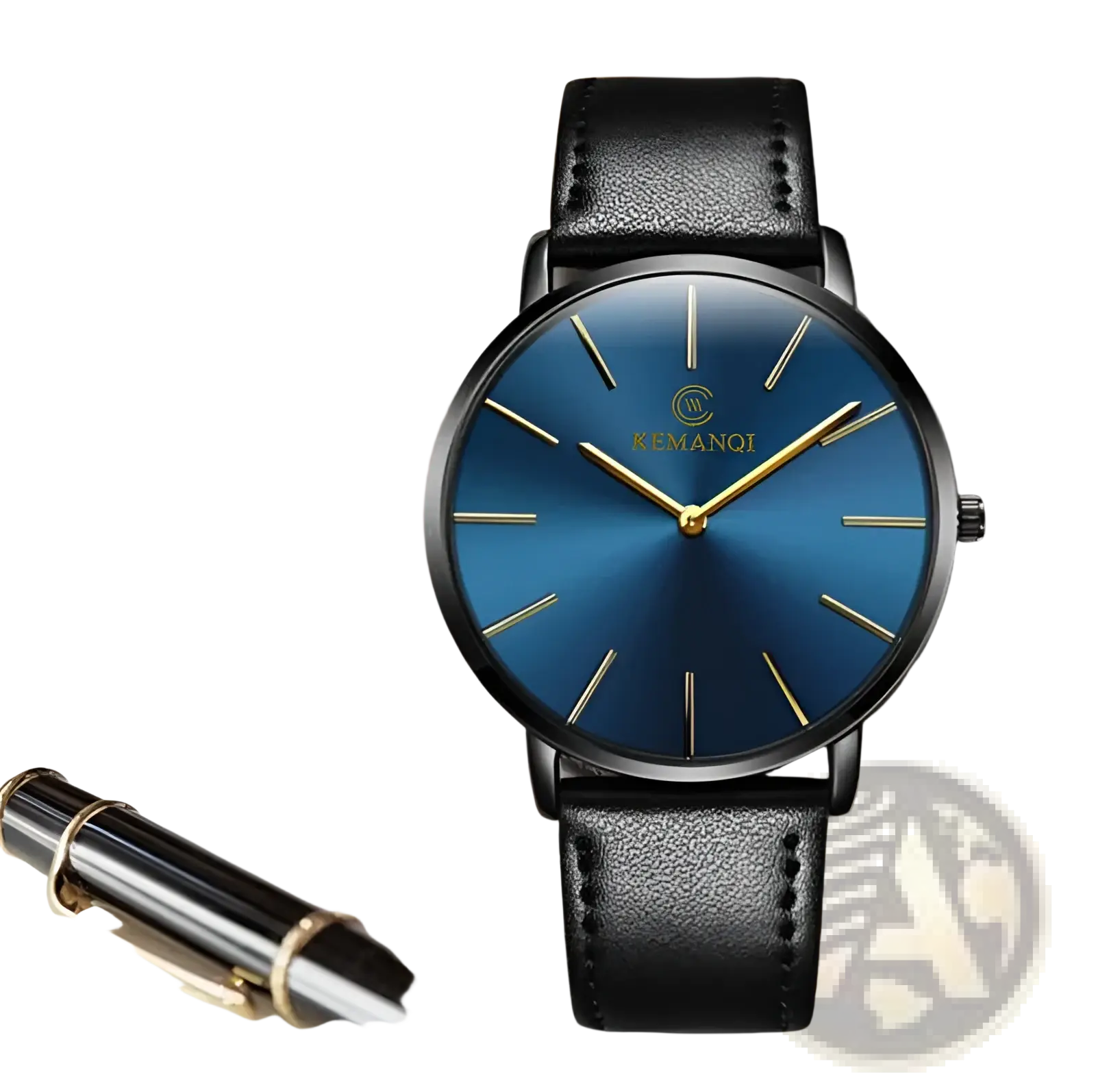 Kemanqi ultra thin gold mens leather quartz watch with a sleek black leather strap and vibrant blue dial with gold accents