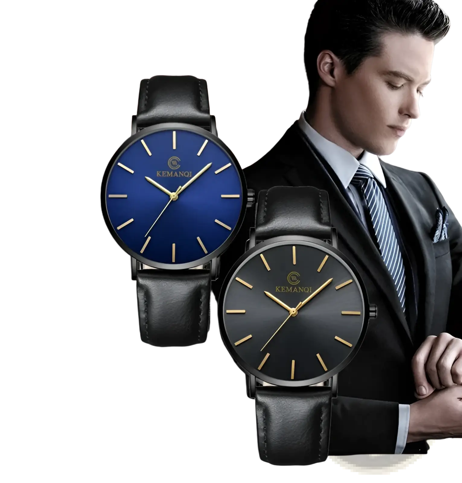 Kemanqi ultra thin gold mens leather quartz watch with blue dial gold-tone hands and sleek black leather strap