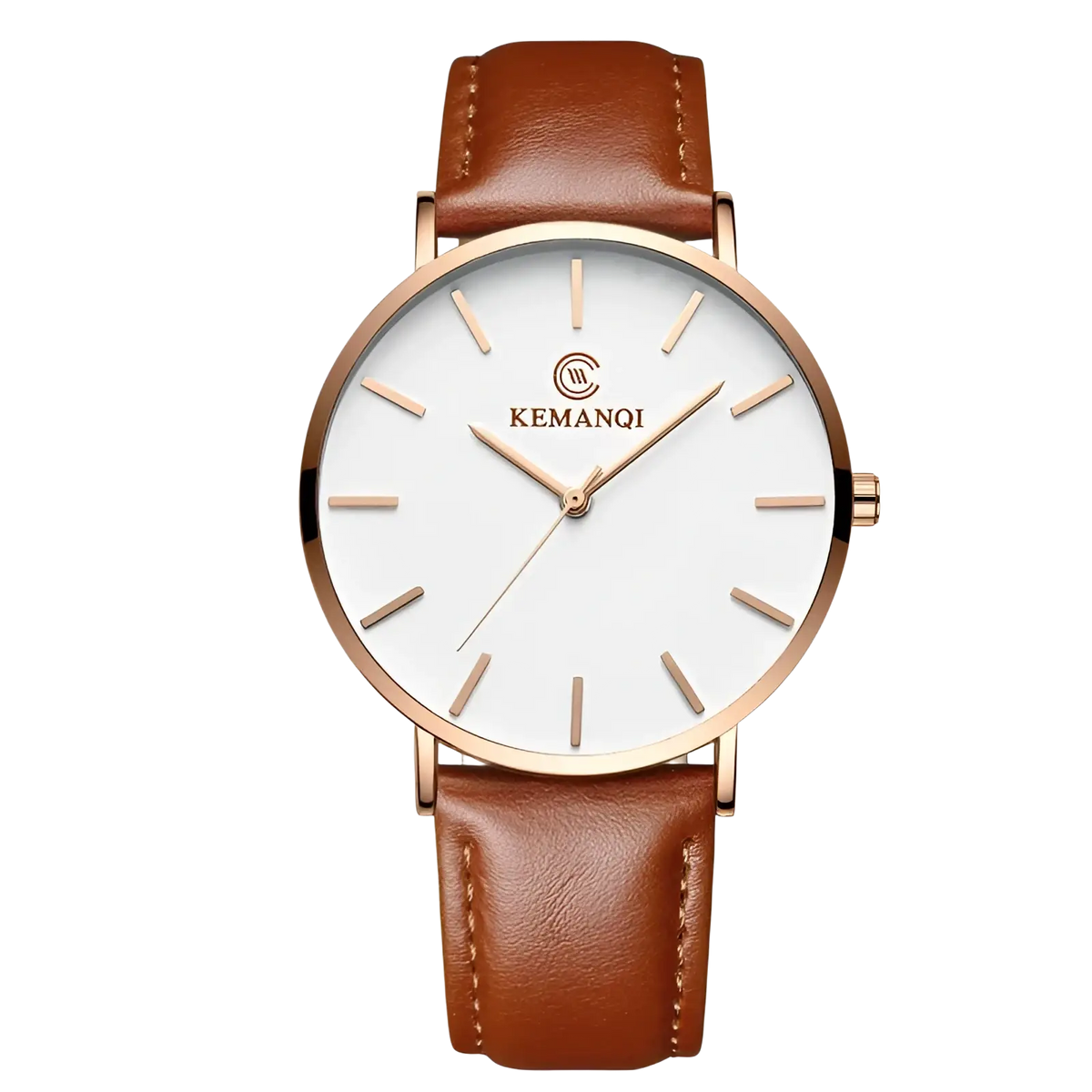 Ultra thin gold mens leather quartz watch with a minimalist kemanqi design rose gold case white dial and tan leather strap