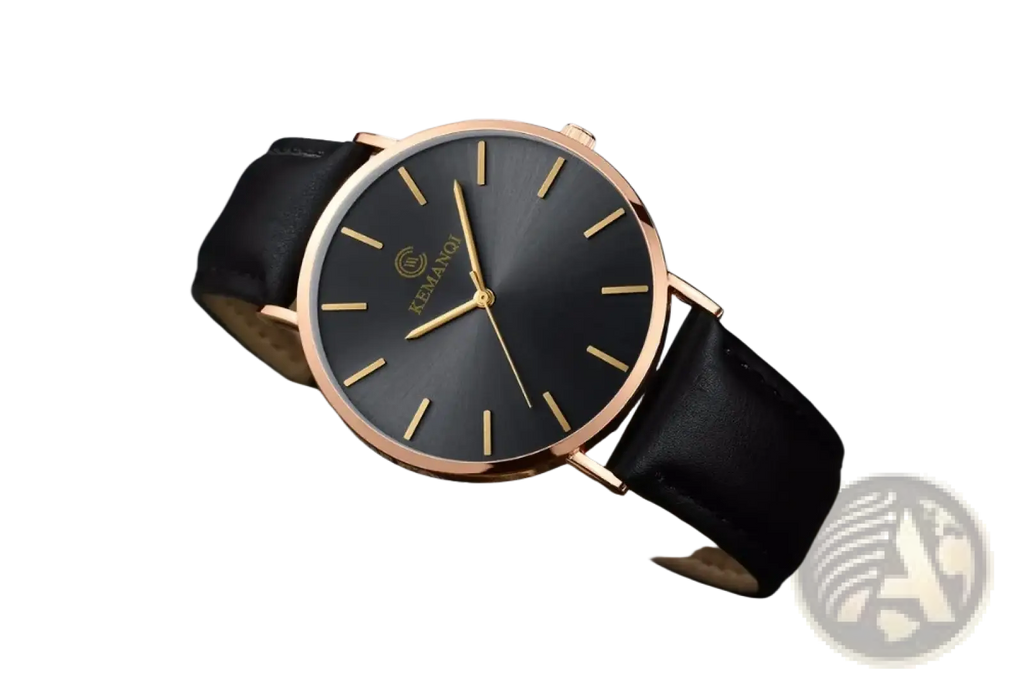 Ultra thin gold mens leather quartz watch with sleek black leather strap rose gold case and kemanqi logo on face