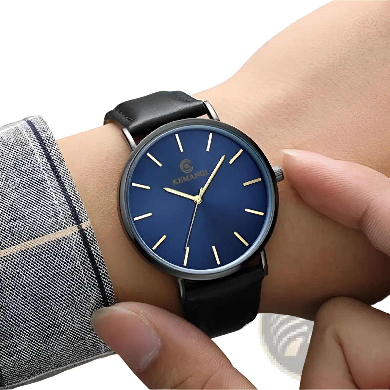Ultra thin gold mens leather quartz watch with a sleek kemangi design deep blue dial gold hands and black leather strap