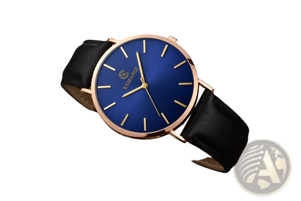 A sleek kemanot ultra thin gold mens leather quartz watch with vibrant blue dial rose gold case and black leather strap