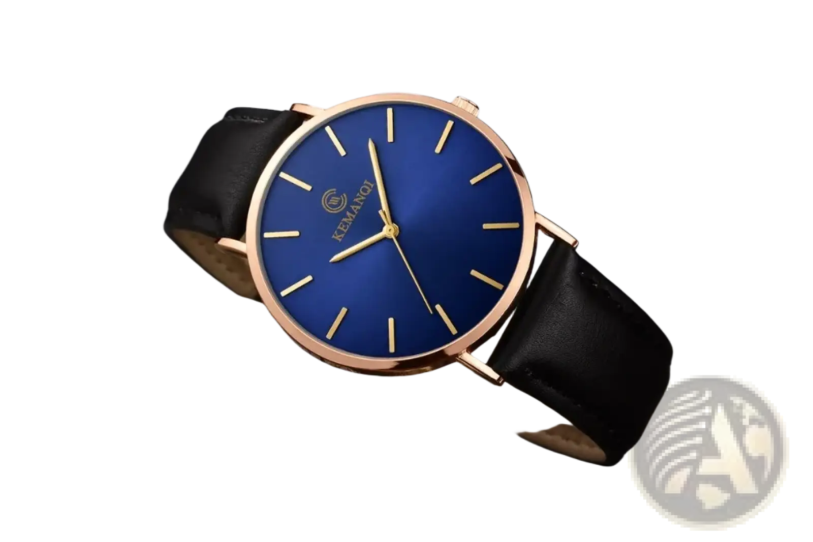 A sleek kemanot ultra thin gold mens leather quartz watch with vibrant blue dial rose gold case and black leather strap